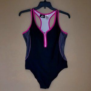Women's Zip-Front Racerback Swimsuit-Black/Pink-Size: 18